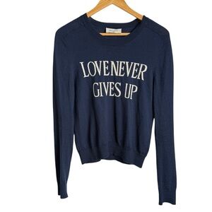 Berenice Merino Wool Fine Knit Sweater Women XS Navy Love Never Gives Up Slogan